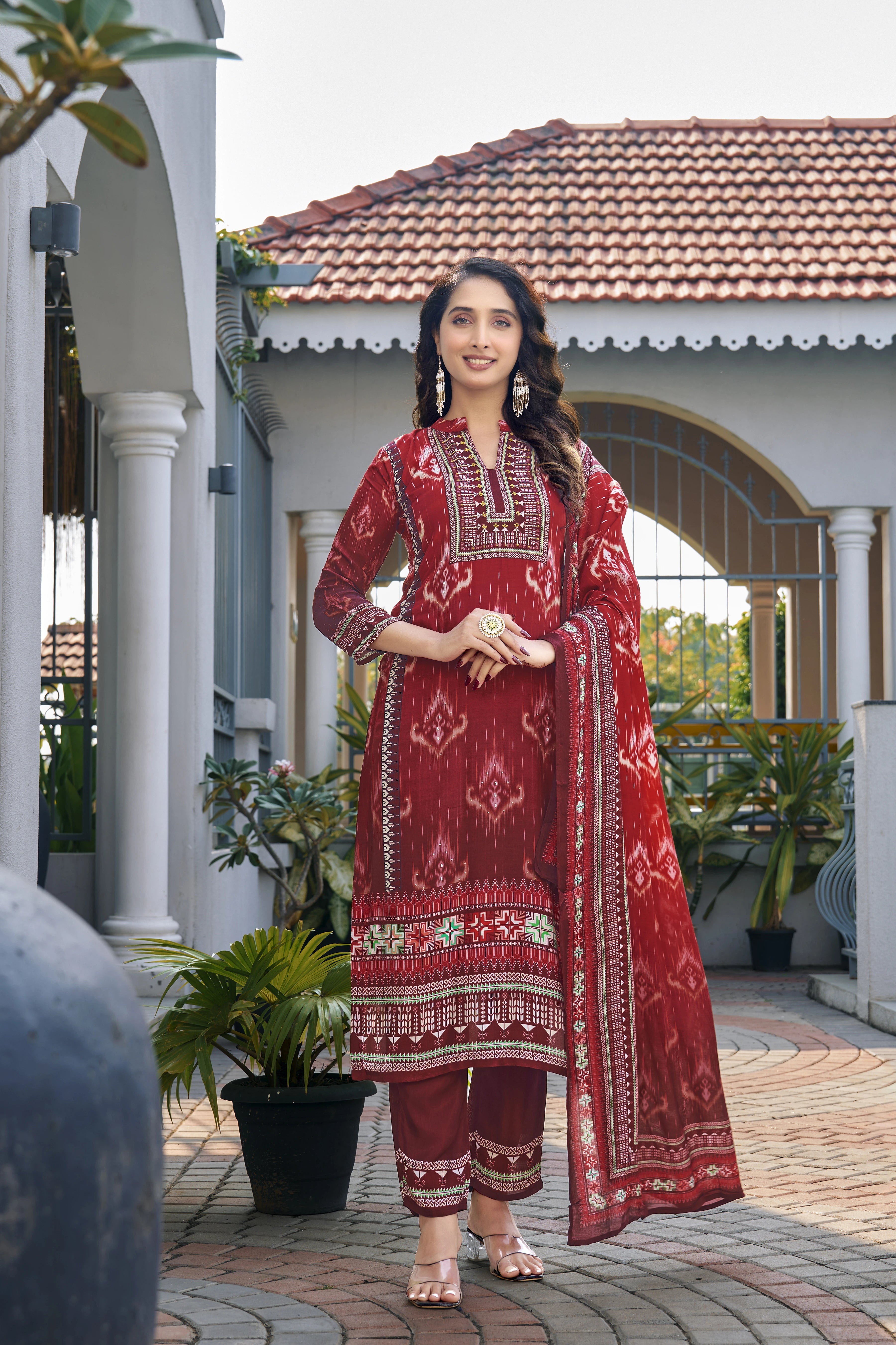 Royal Maroon Ikat Suit Set