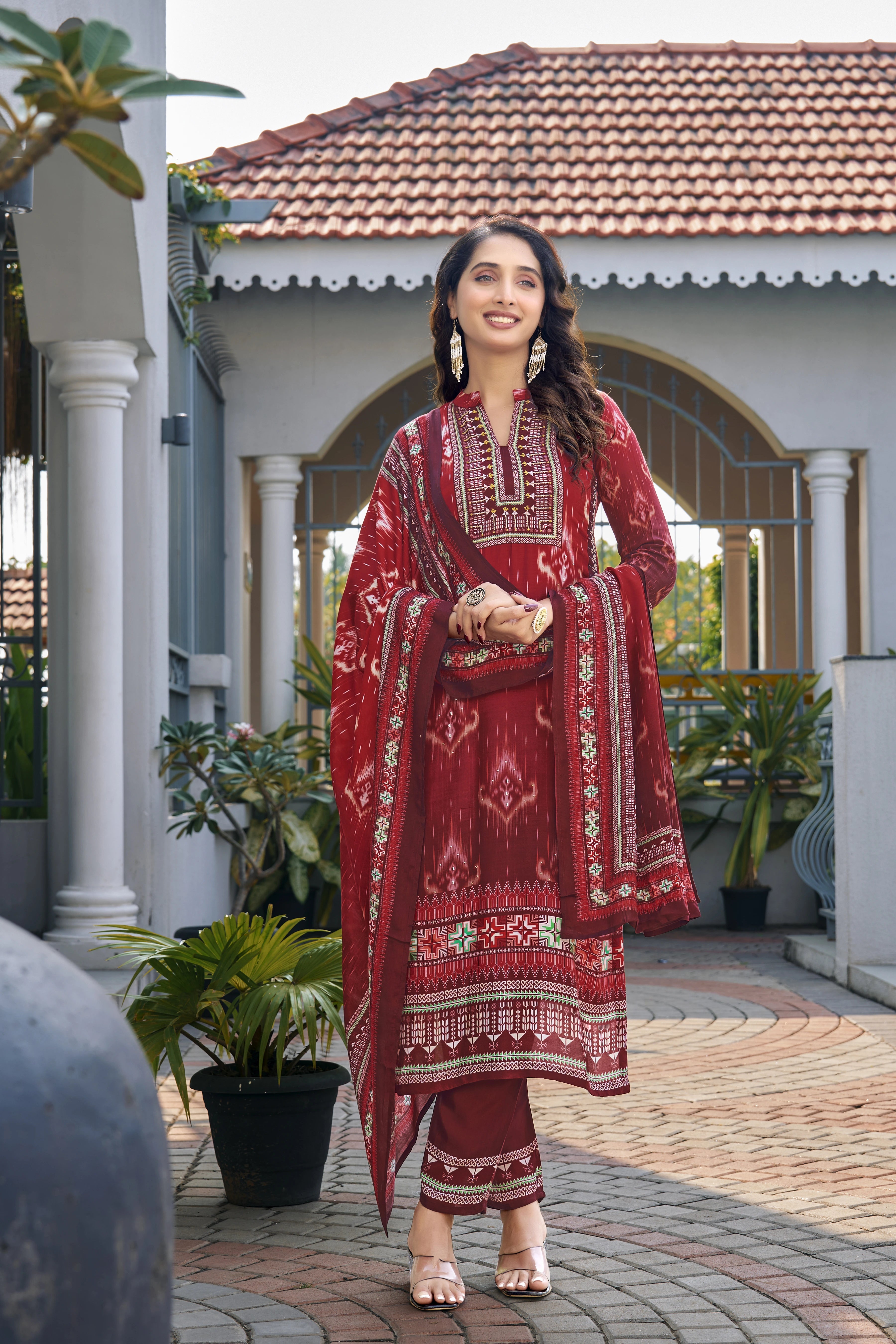 Royal Maroon Ikat Suit Set