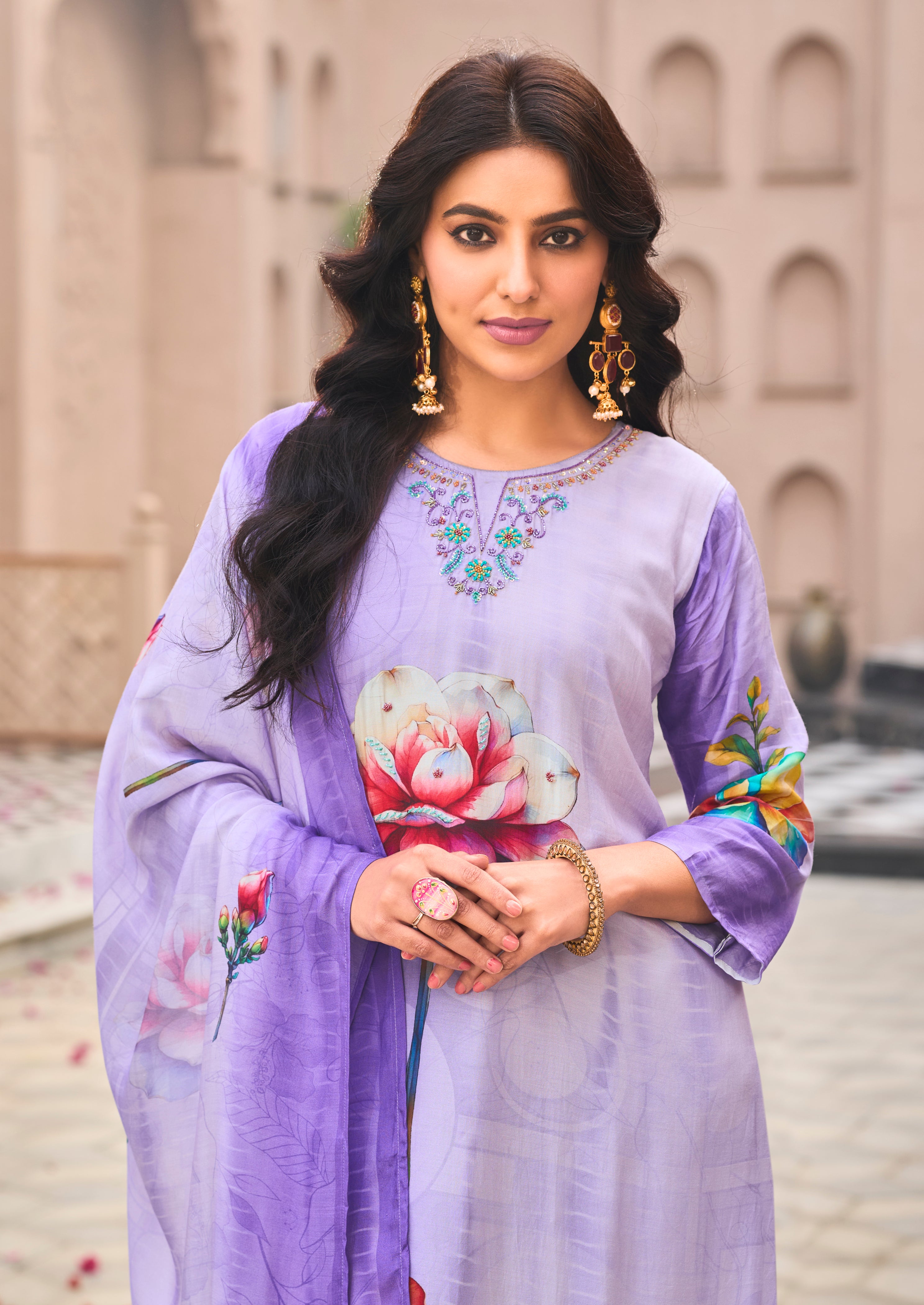 Prakriti Floral Lavender Muslin Suit Set