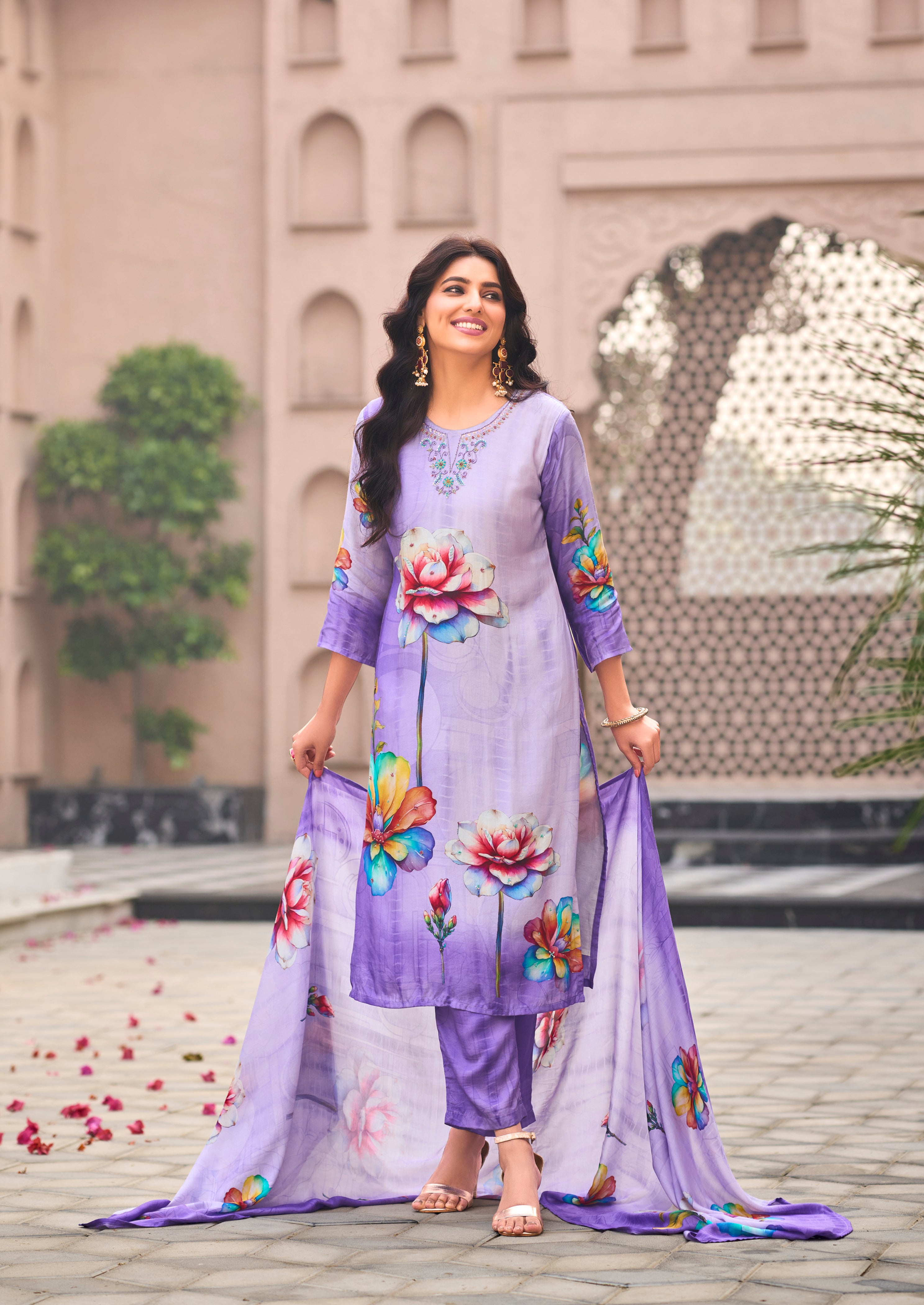 Prakriti Floral Lavender Muslin Suit Set