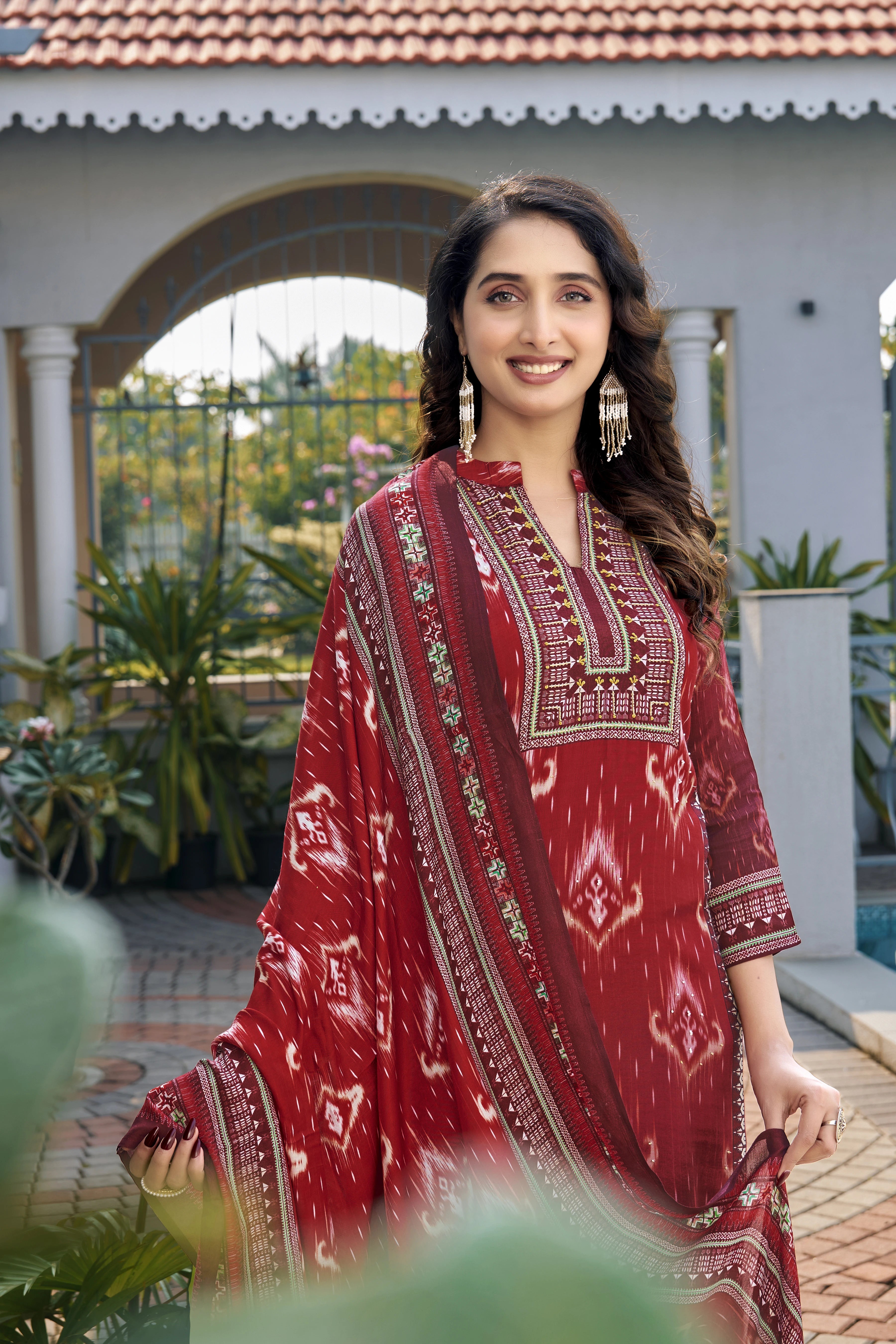 Royal Maroon Ikat Suit Set